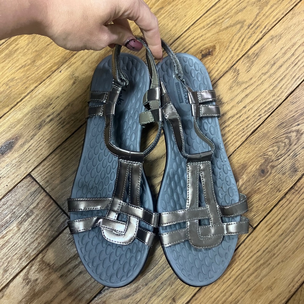 Clarks Collection Arla Metallic Pewter Strappy Sandals Women 11 M Wedge Comfort